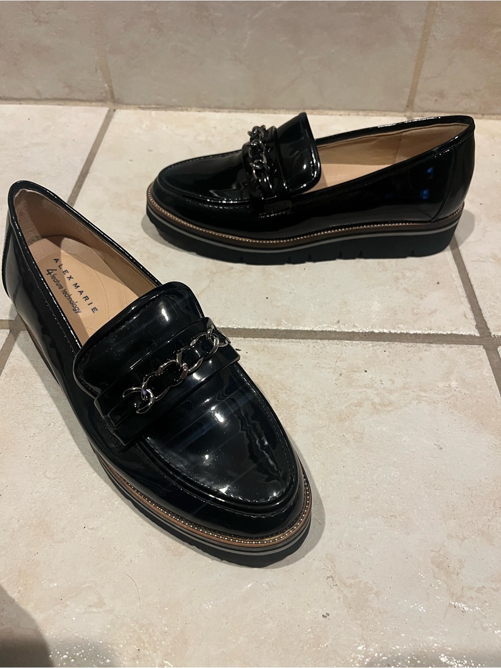 Alex Marie Black Patent Loafers with Silver Chain Trim